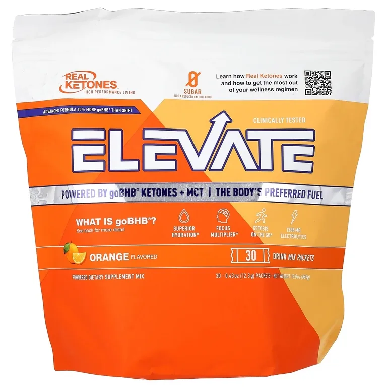 Real Ketones, Elevate, апельсин, 30 пакетиков со смесью для приготовления напитка, по 12,3 г (0,43 унции)