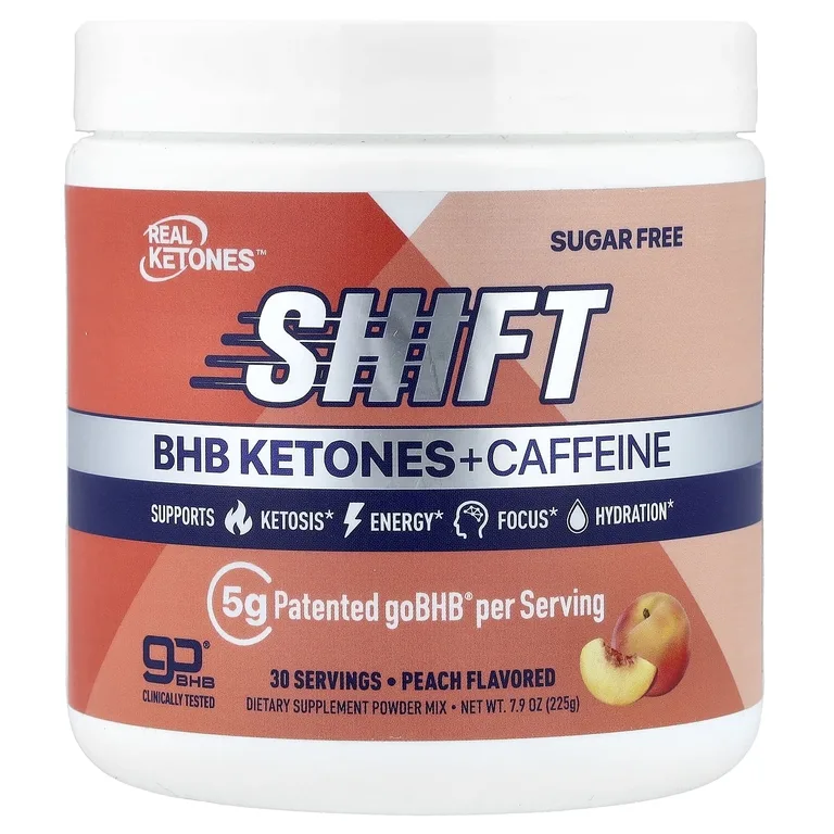 Real Ketones, Shift, смесь кетонов BHB и кофеина в порошке, со вкусом персика, 225 г (7,9 унции)