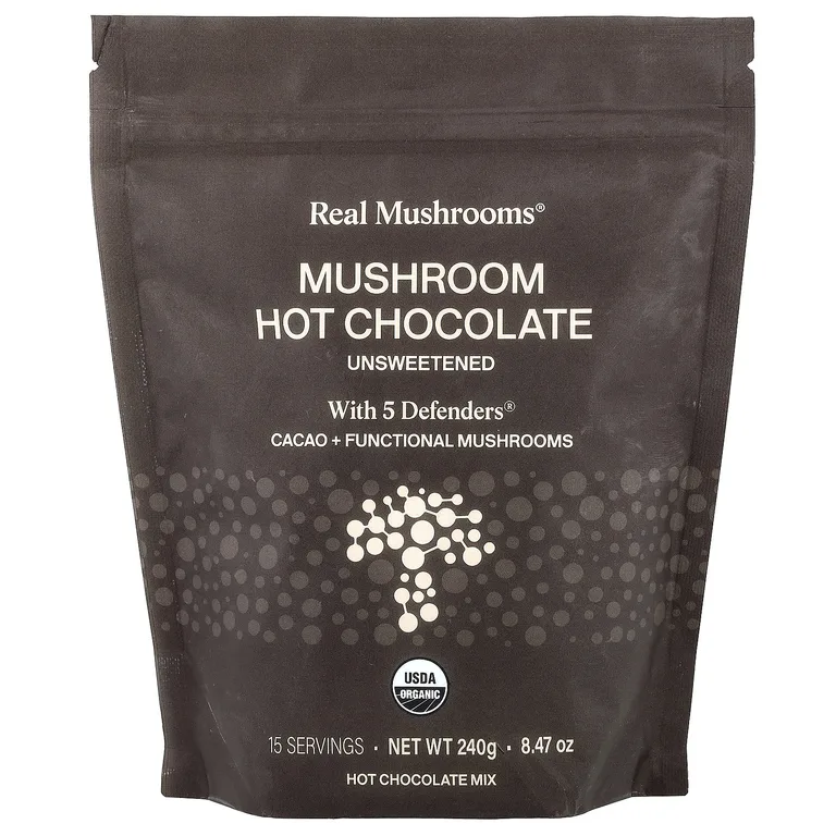 Real Mushrooms, горячий шоколад с грибами и 5 Defenders®, без подсластителей, 240 г (8,47 унции)
