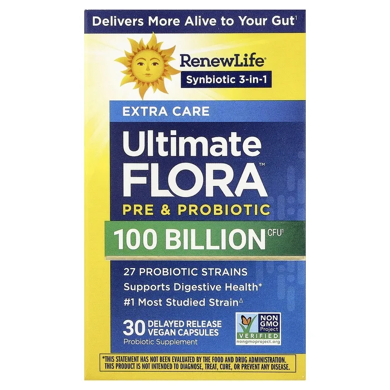 Renew Life, Extra Care, Ultimate Flora™, пребиотики и пробиотики, 100 млрд КОЕ, 30 веганских капсул с отсроченным высвобождением