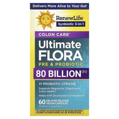 Renew Life, Уход за толстой кишкой, Ultimate Flora™ Pre и пробиотик, 60 веганских капсул с отсроченным высвобождением