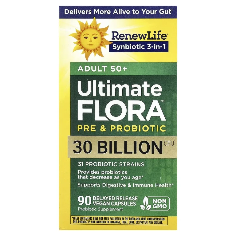 Renew Life, Ultimate Flora™ Pre и пробиотик, взрослые 50+, 90 веганских капсул с отсроченным высвобождением