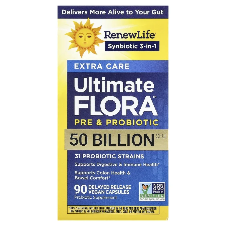 Renew Life, Ultimate Flora™, пребиотики и пробиотики, 90 веганских капсул с отсроченным высвобождением