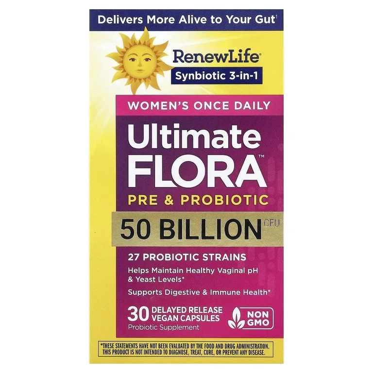 Renew Life, Ultimate Flora™, пребиотики и пробиотики для женщин, 30 веганских капсул с отсроченным высвобождением