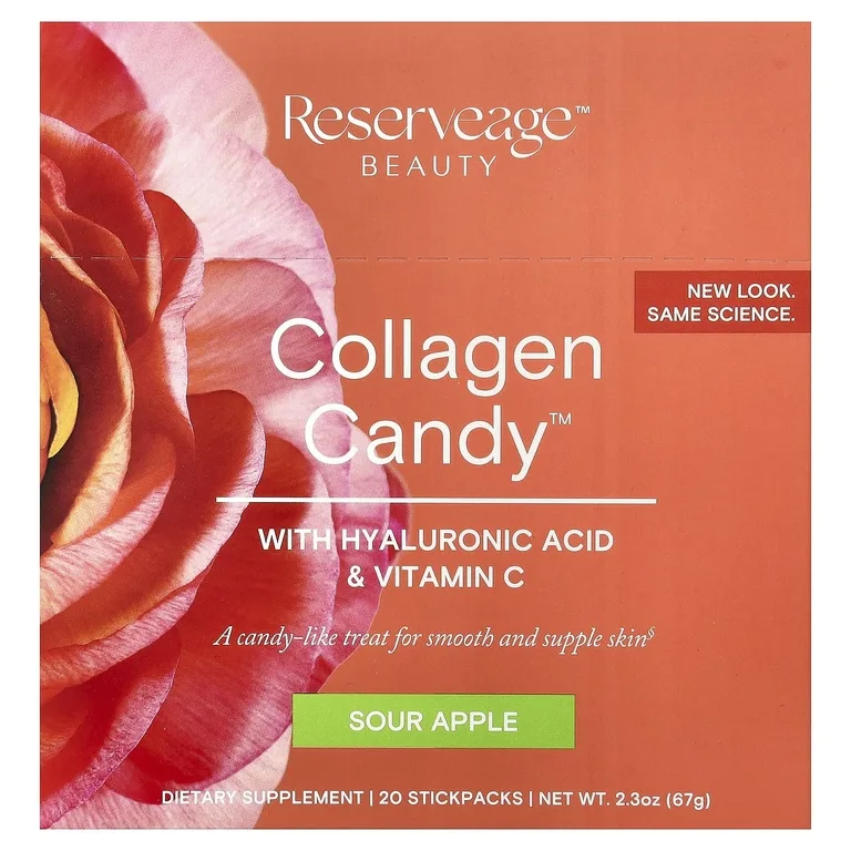Reserveage Beauty, Коллагеновые конфеты™ с гиалуроновой кислотой и витамином C, кислое яблоко, 20 стикпаков, 3,35 г (0,1 унции)
