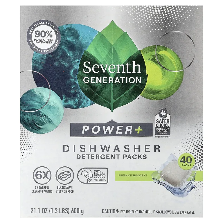 Seventh Generation, Пакеты с моющим средством Power + для посудомоечной машины, Fresh Citrus, 40 упаковок, 600 г (21,1 унции)