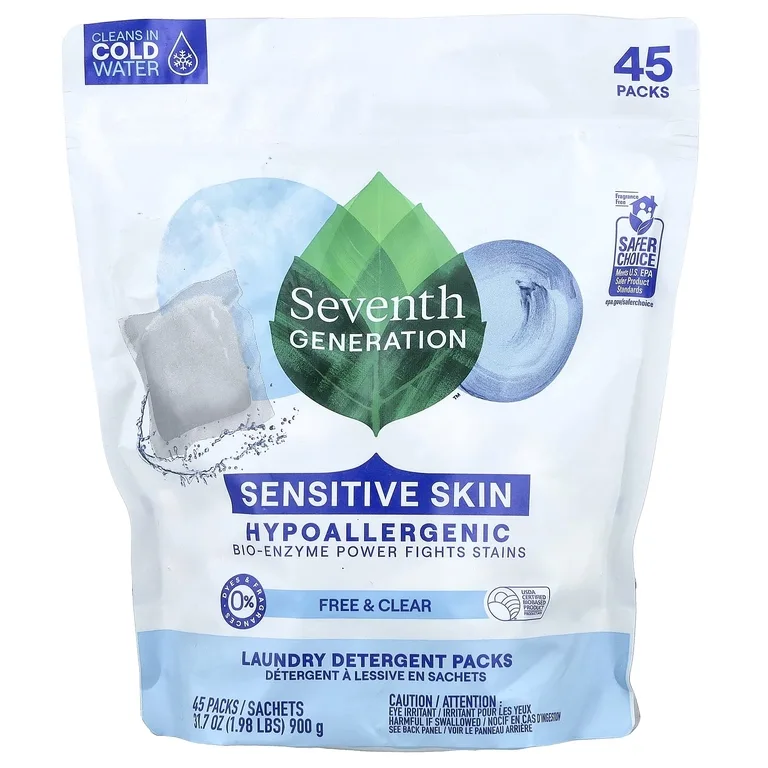 Seventh Generation, Пакеты с моющими средствами для стирки, без добавок, прозрачные, без отдушек, 45 упаковок, 900 г (1,98 фунта)