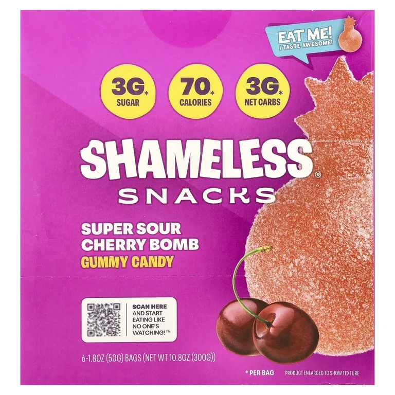 Shameless Snacks, жевательные конфеты, кислая вишня, 6 пакетиков по 50 г (1,8 унции)