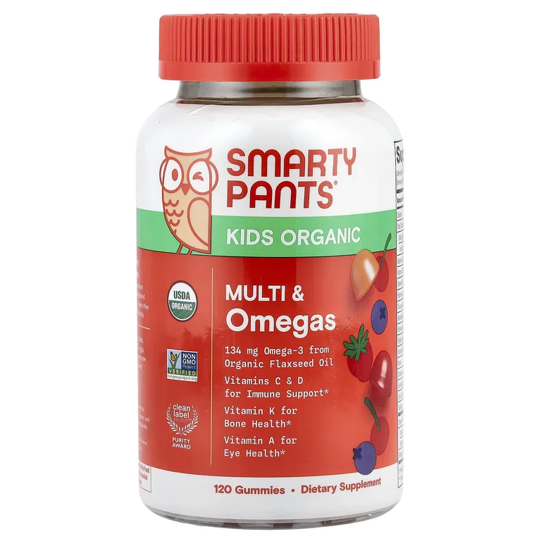 SmartyPants, Kids Organic, мультивитамины и омега-кислоты для детей, смесь ягод и вишня, 120 жевательных таблеток