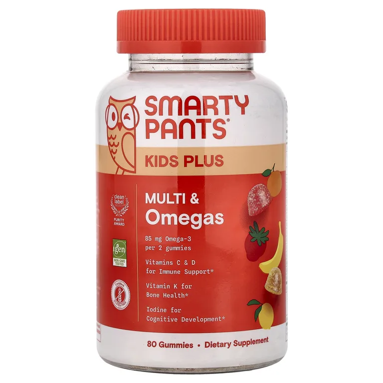 SmartyPants, Kids Plus, мультивитамины и омега-кислоты, со вкусом лимона, апельсина и клубники с бананом, 80 жевательных таблеток