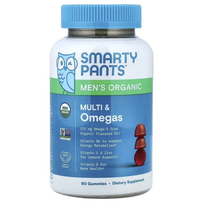 SmartyPants, органические мультивитамины и омега-кислоты для мужчин, со вкусом малины, апельсина и вишни, 90 жевательных таблеток