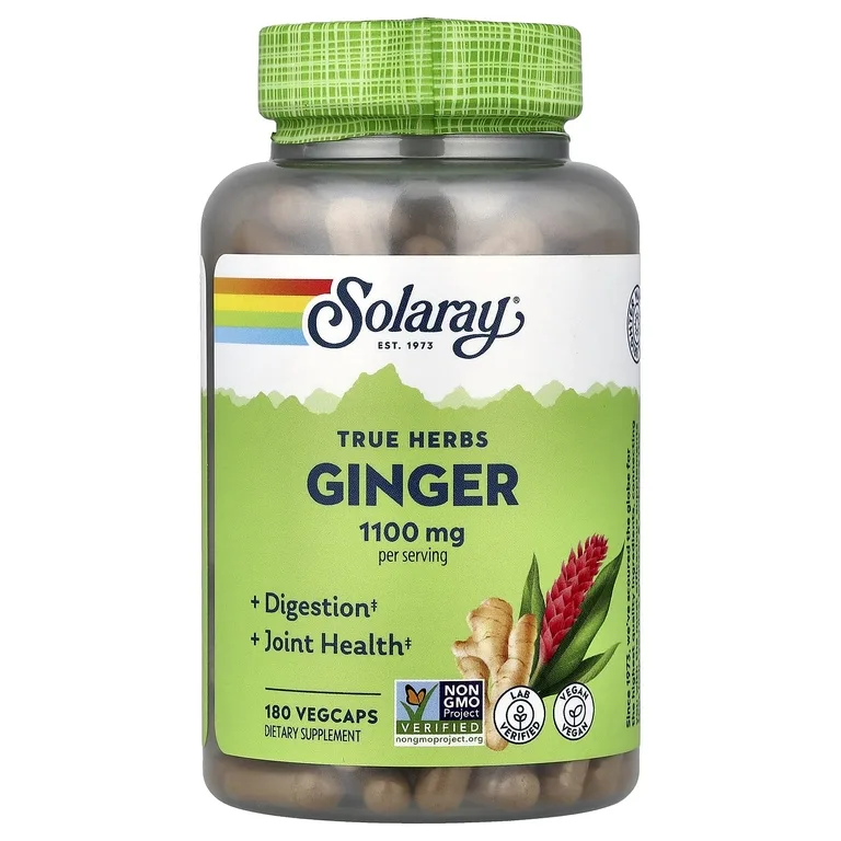 Solaray, True Herbs, имбирь, 180 растительных капсул (550 мг в 1 капсуле)