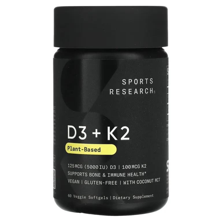 Sports Research, витамины D3 и K2, растительная добавка, 125 мкг/100 мкг, 60 растительных капсул