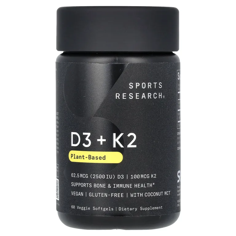 Sports Research, Витамины D3 + K2, растительного происхождения, 62,5 мкг / 100 мкг, 60 растительных капсул