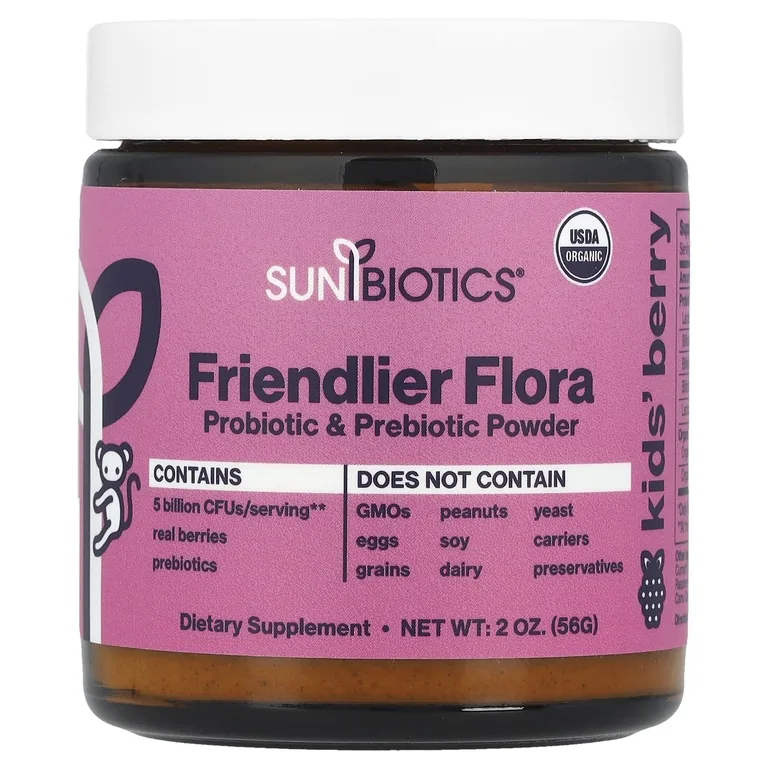 Sunbiotics, Kids Friendlier Flora, пробиотики и пребиотики в порошке, ягоды, 5 млрд КОЕ, 56 г (2 унции)
