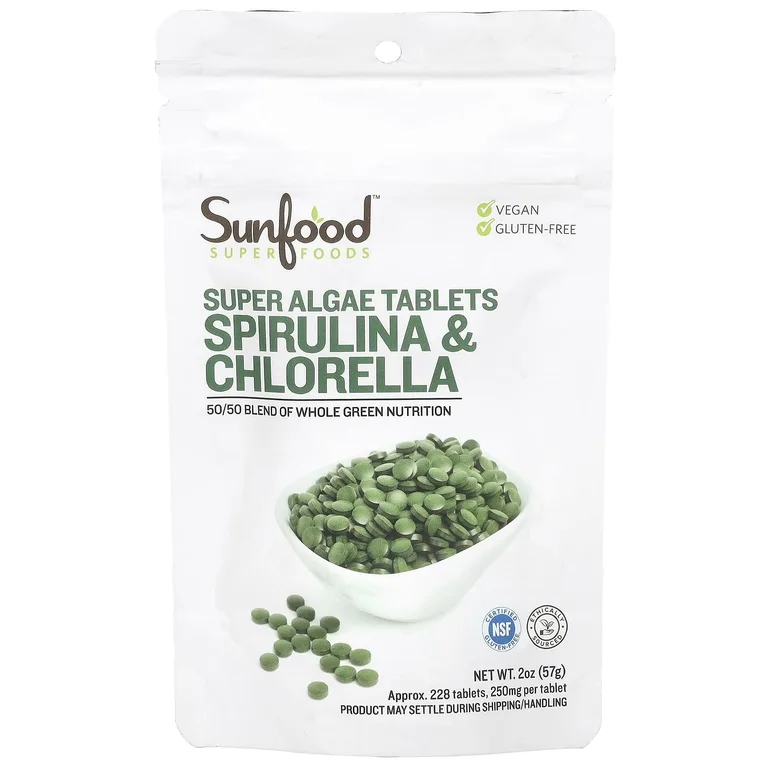 Sunfood, спирулина и хлорелла в таблетках, 250 мг, прибл. 228 таблеток, 57 г (2 унции)