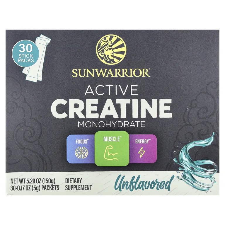 Sunwarrior, активный моногидрат креатина, без добавок, 30 пакетиков по 5 г (0,17 унции)