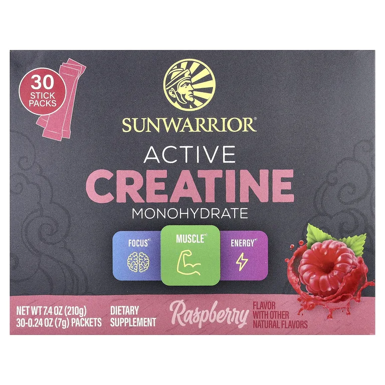 Sunwarrior, активный моногидрат креатина, малина, 30 пакетиков по 7 г (0,24 унции)