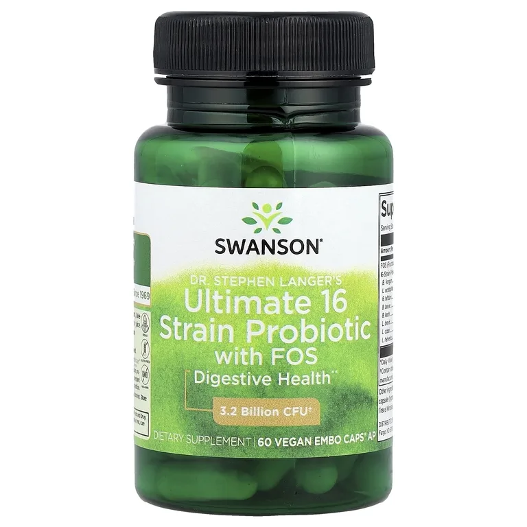 Swanson Vitamins, Dr. Stephen Langer's Ultimate 16 Strain Probiotic with FOS, 16 штаммов пробиотиков с ФОС, 60 веганских капсул EMBO Caps® AP