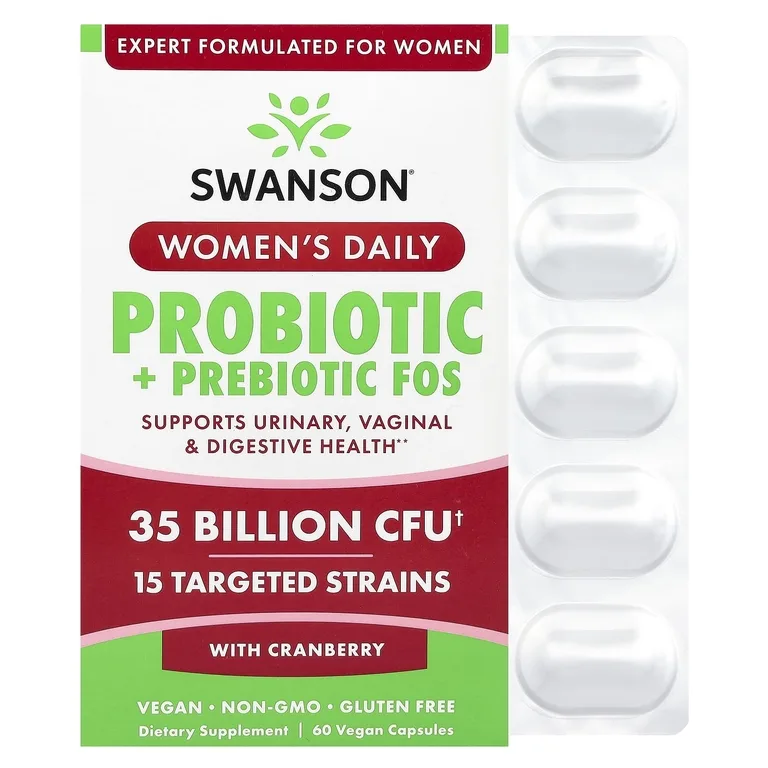 Swanson Vitamins, Ежедневный пробиотик и пребиотик ФОС для женщин с клюквой, 35 млрд КОЕ, 60 веганских капсул