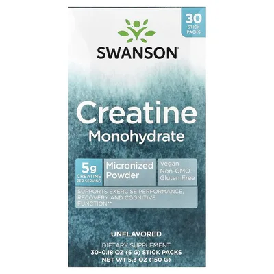 Swanson Vitamins, моногидрат креатина, без добавок, 30 стик-пакетов по 5 г (0,18 унции)