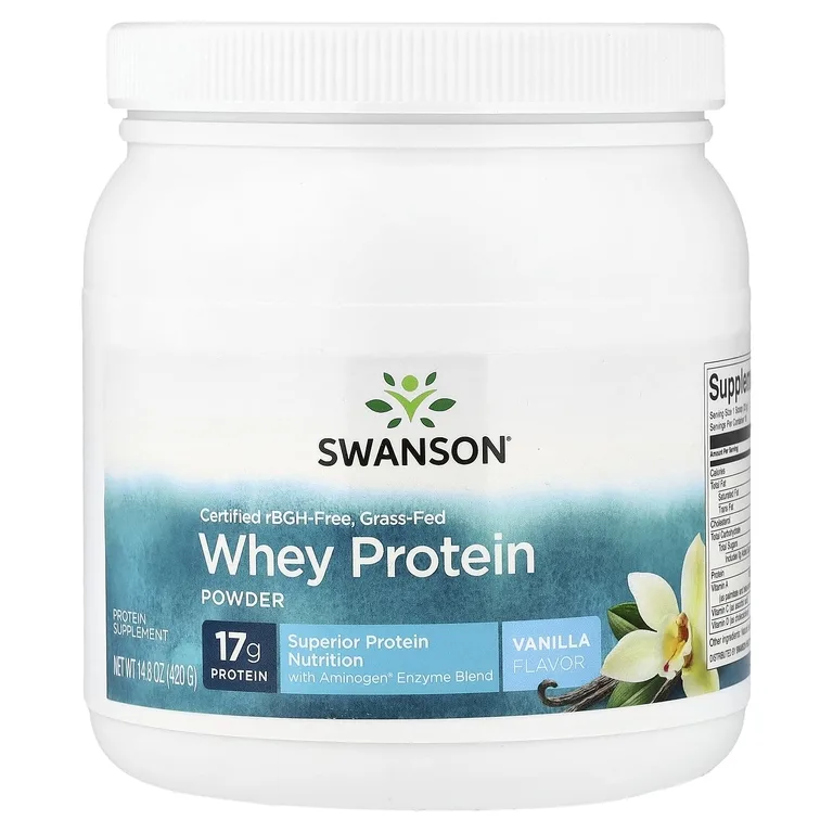 Swanson Vitamins, сертифицированный порошок из сывороточного протеина от коров травяного откорма без р-БГР, от коров травяного откорма, ваниль, 420 г (14,8 унции)