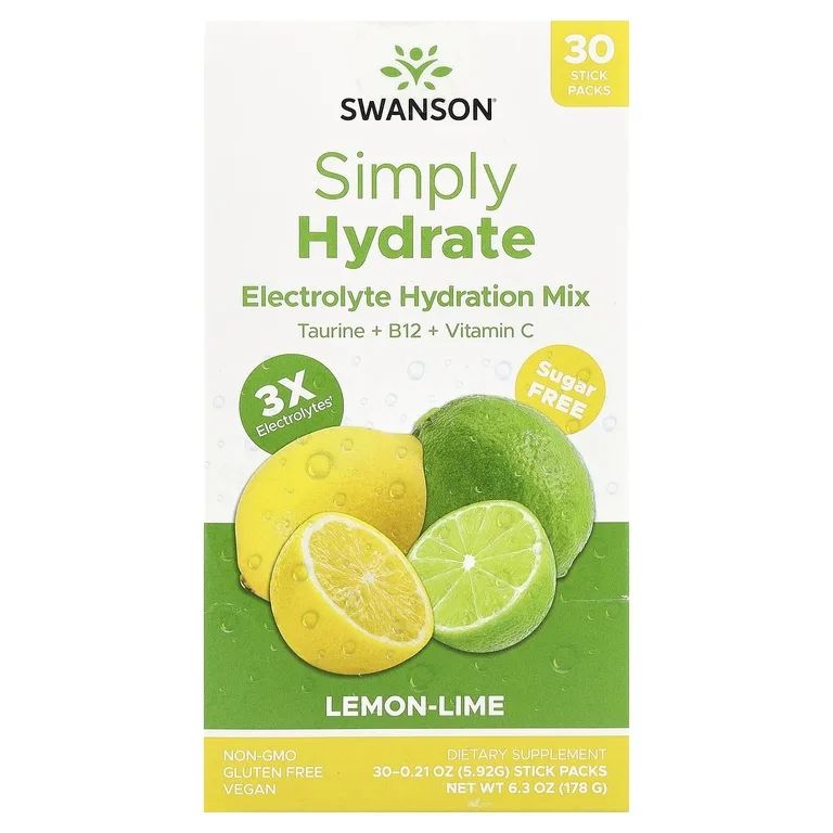 Swanson Vitamins, Simply Hydrate, смесь для гидратации электролитов, лимон и лайм, 30 пакетиков по 5,92 г (0,21 унции)