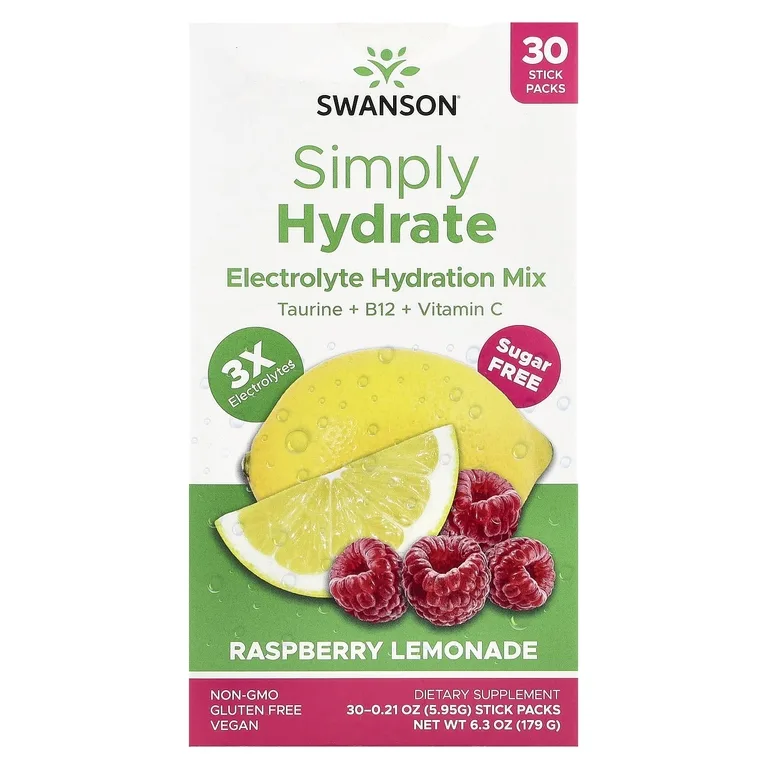 Swanson Vitamins, Simply Hydrate, смесь для гидратации электролитов, малиновый лимонад, 30 пакетиков по 5,95 г (0,21 унции)