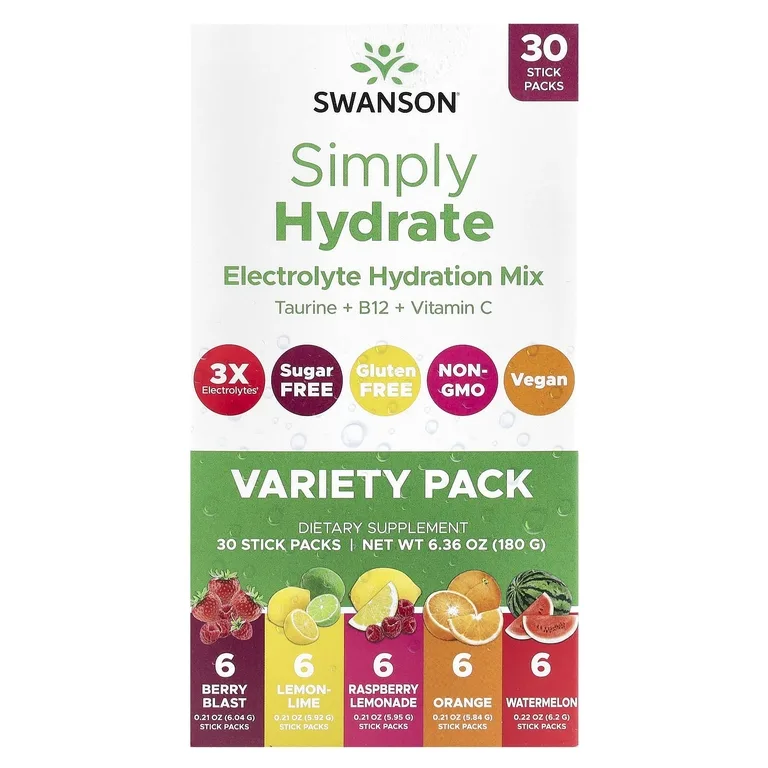 Swanson Vitamins, Simply Hydrate, смесь электролитов для гидратации, ассорти из 30 стик-пакетов, 180 г (6,36 унции)