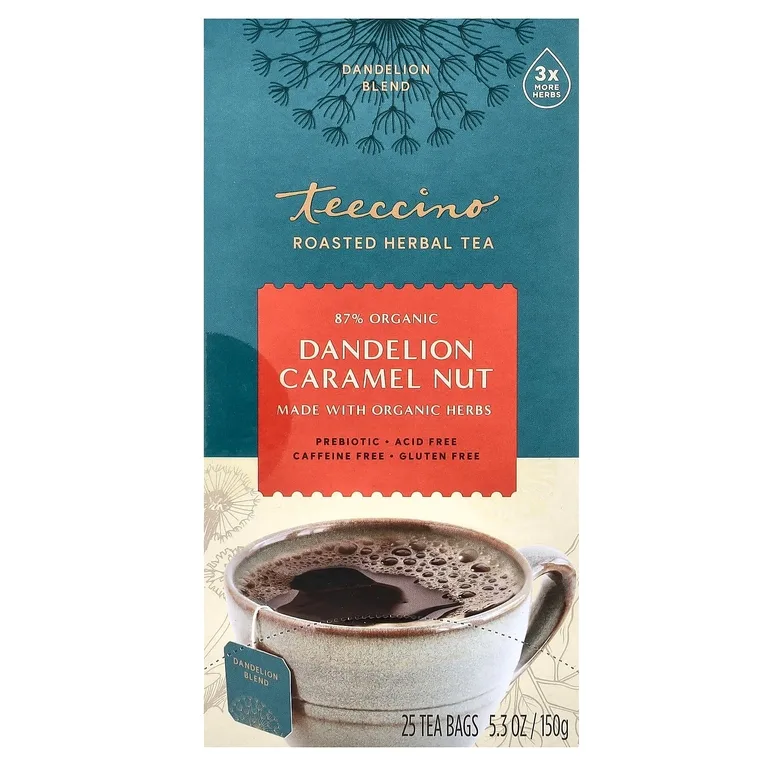 Teeccino, чай из обжаренных трав, одуванчик, карамель и орех, без кофеина, 25 чайных пакетиков, 150 г (5,3 унции)
