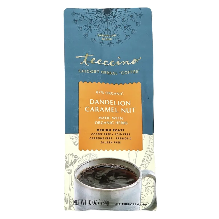 Teeccino, травяной кофе из цикория, средней прожарки, с одуванчиком, с карамельно-ореховым вкусом, без кофеина, 284 г (10 унций)