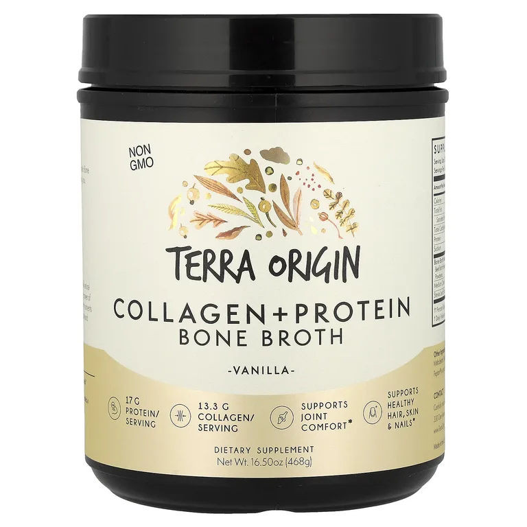 Terra Origin, Костный бульон с коллагеном и белком, ваниль, 466 г (16,43 унции)