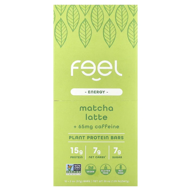 The Feel Bar, Energy, батончики с растительными протеинами, латте с матча и кофеином, 10 батончиков по 57 г (2 унции)