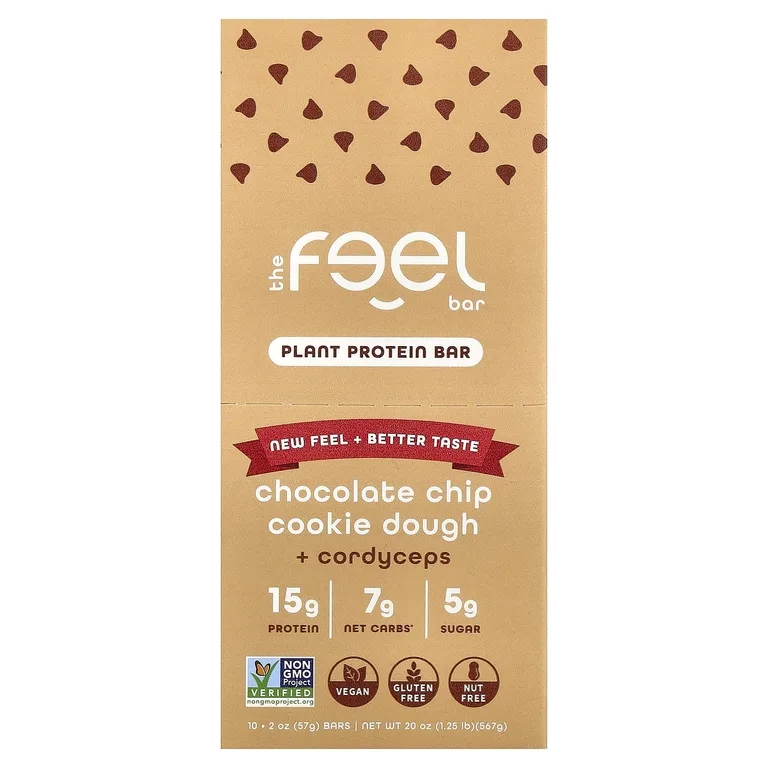 The Feel Bar, растительные протеиновые батончики, тесто для печенья с шоколадной крошкой и кордицепсом, 10 батончиков по 57 г (2 унции)