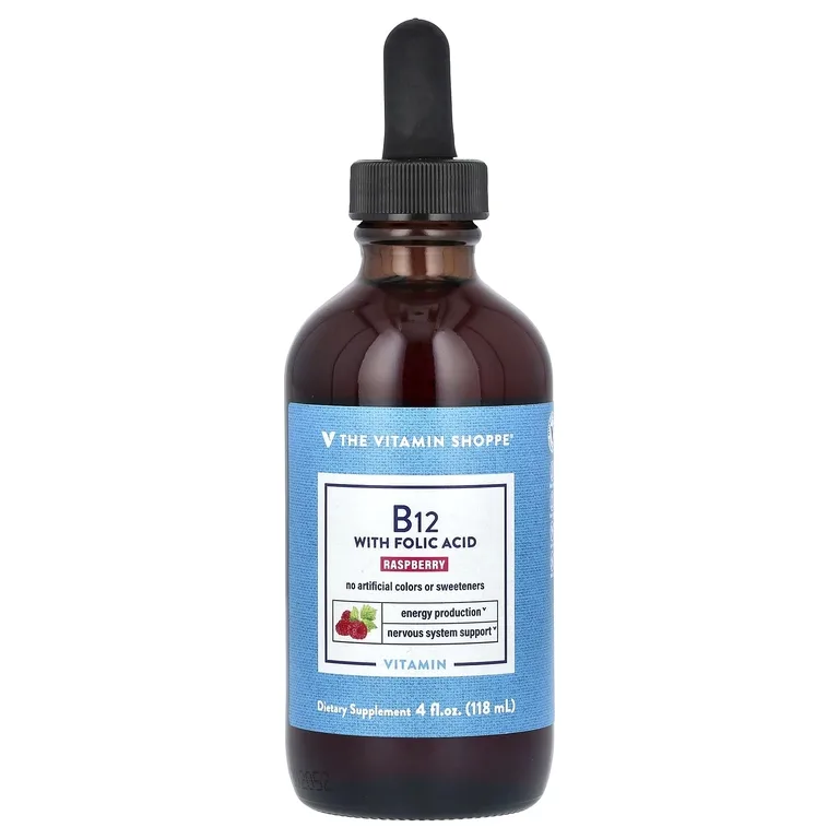 The Vitamin Shoppe, витамин B12 с фолиевой кислотой, малина, 118 мл (4 жидк. унции)
