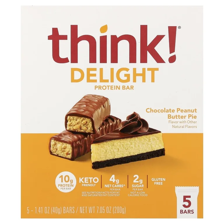 think!, Delight Protein, протеиновый батончик, шоколадный пирог с арахисовой пастой, 5 шт. по 40 г (1,41 унции)