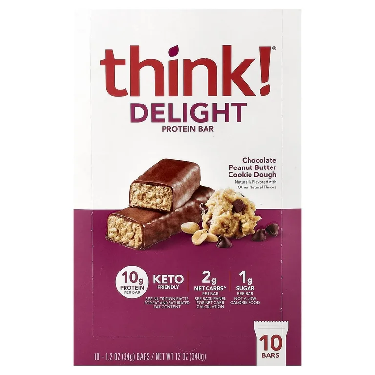 think!, Delight протеиновый батончик, печенье с шоколадом и арахисовой пастой, 10 батончиков по 34 г (1,2 унции)