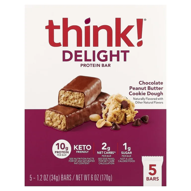think!, Delight протеиновый батончик, печенье с шоколадом и арахисовой пастой, 5 шт. по 34 г (1,2 унции)