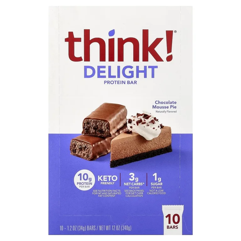 think!, Delight протеиновый батончик, шоколадный муссовый торт, 10 батончиков по 34 г (1,2 унции)