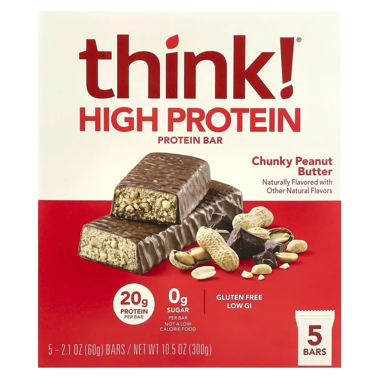 think!, Высокопротеиновые батончики, кусочки арахисовой пасты, 5 батончиков, 60 г (2,1 унции) каждый