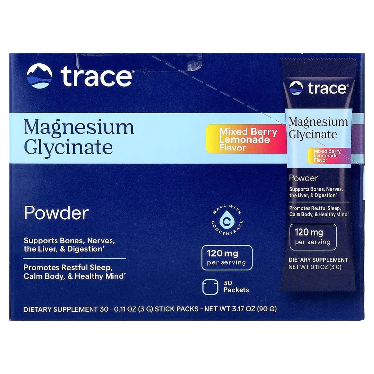 Trace, глицинат магния в порошке, со вкусом ягодного лимонада, 30 пакетиков по 3 г (0,11 унции)