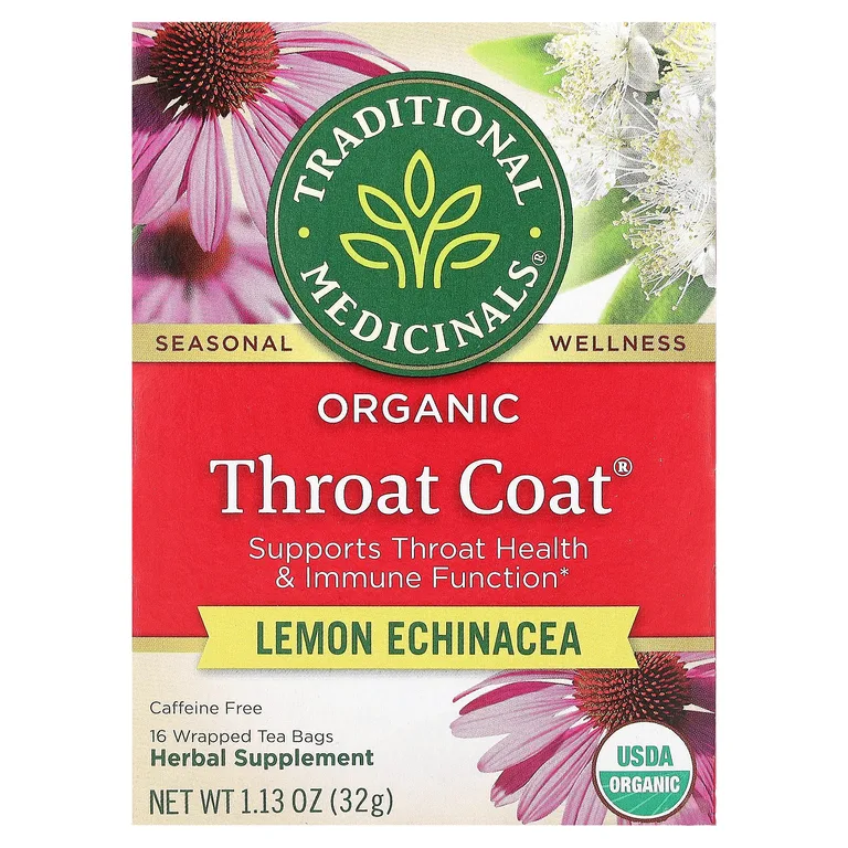 Traditional Medicinals, чай для здоровья горла и поддержки иммунитета, лимон и эхинацея, без кофеина, 16 чайных пакетиков, 32 г (1,13 унции)