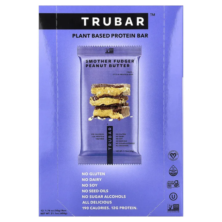Trubar, протеиновый батончик на растительной основе, нежная помадка и арахисовая паста, 12 батончиков по 50 г (1,76 унции)