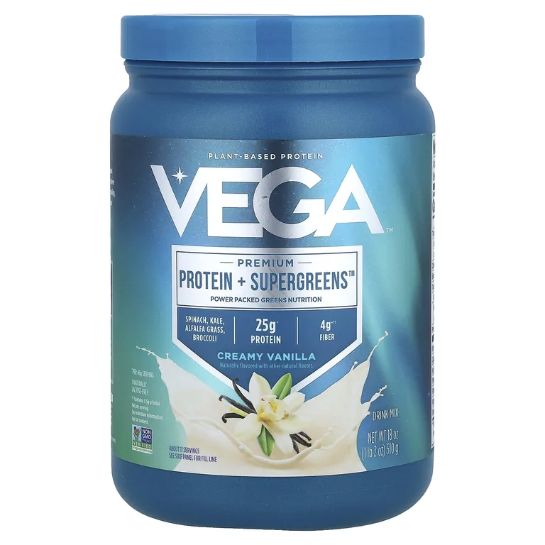Vega, Premium, Protein + Supergreens™, протеиновая добавка с зеленью, сливочная ваниль, 510 г (1 фунт 2 унции)