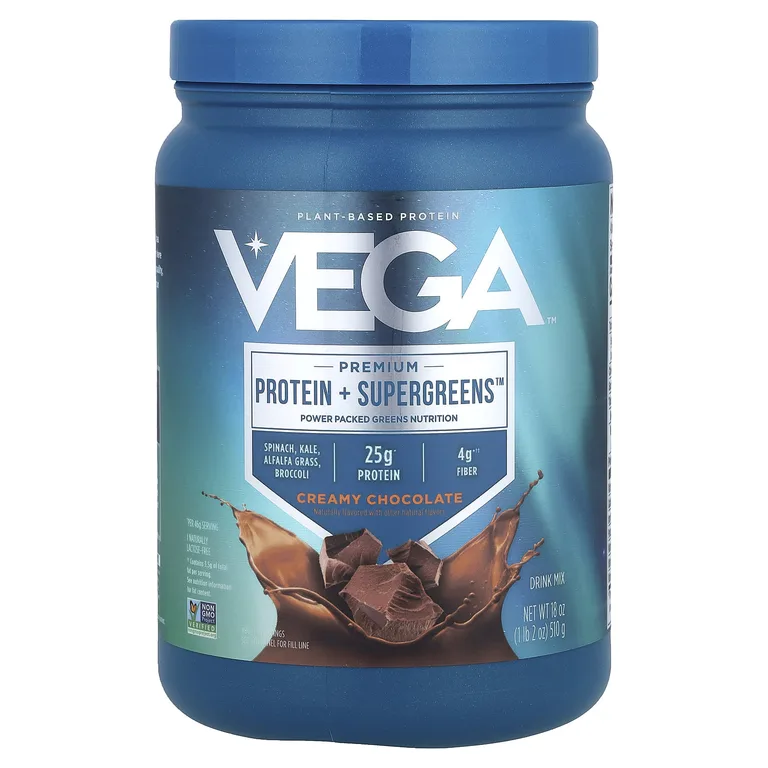 Vega, Premium, Protein + Supergreens™, протеиновая добавка с зеленью, сливочный шоколад, 510 г (1 фунт 2 унции)
