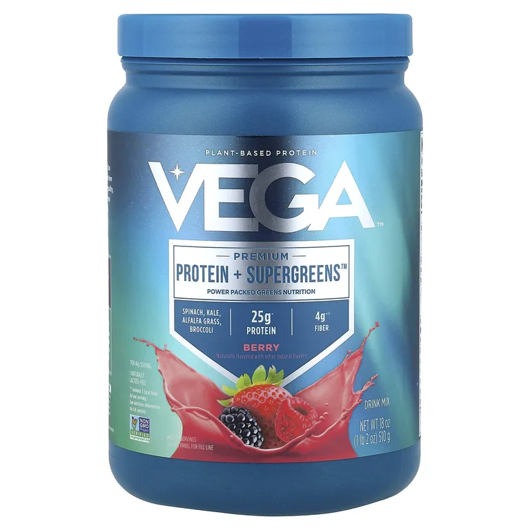 Vega, Premium, Protein + Supergreens™, протеиновая добавка с зеленью, ягодный микс, 510 г (1 фунт 2 унции)