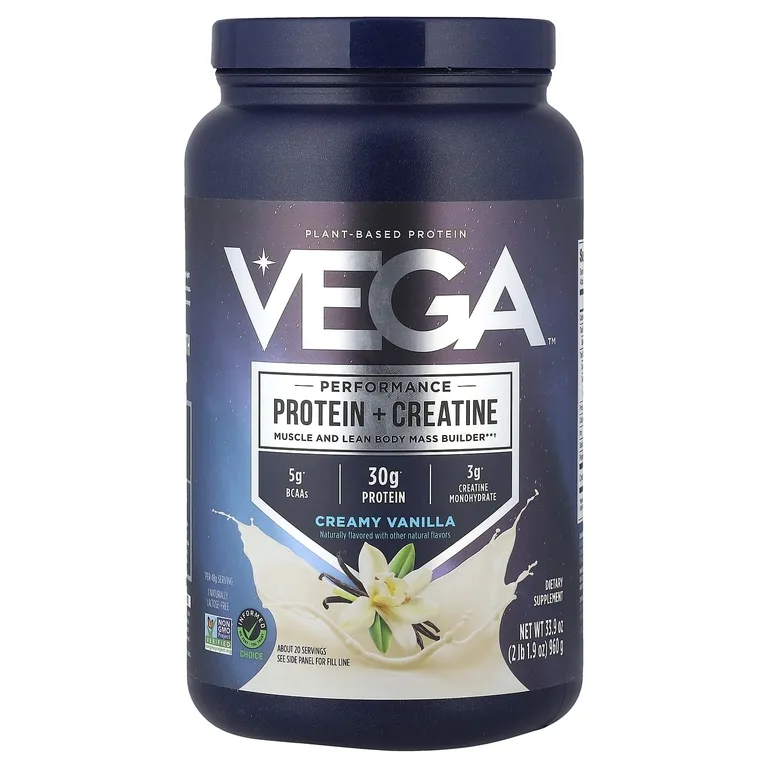 Vega, растительный протеин с креатином для повышения результативности, со вкусом ванили, 960 г (2 фунта, 1,9 унции)