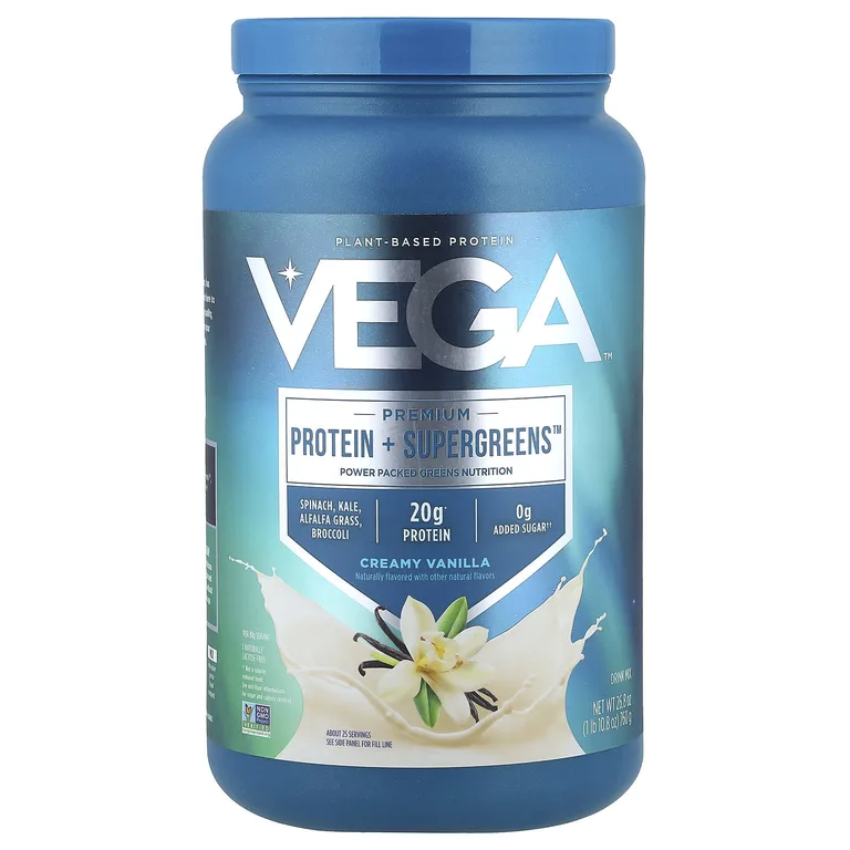 Vega, Растительный протеин + зелень, со вкусом ванили, 760 г (1 фунт 10,8 унции)