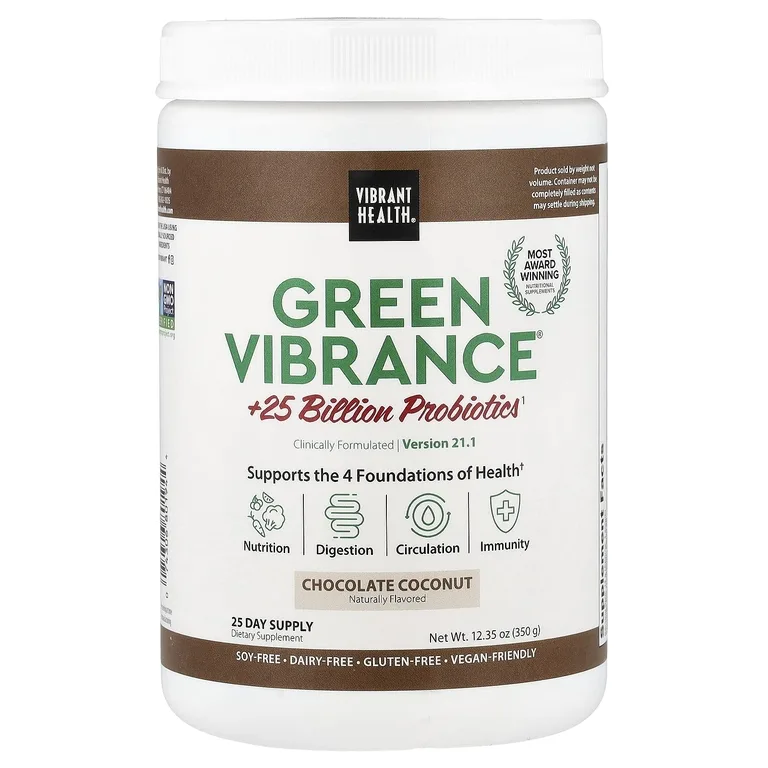 Vibrant Health, питание, кровообращение, пищеварение и иммунитет + пробиотики, версия 21.0, со вкусом шоколада и кокоса, 350 г (12,35 унции)