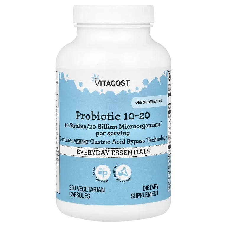Vitacost, пробиотик 10-20 с NutraFlora® ФОС, 200 вегетарианских капсул